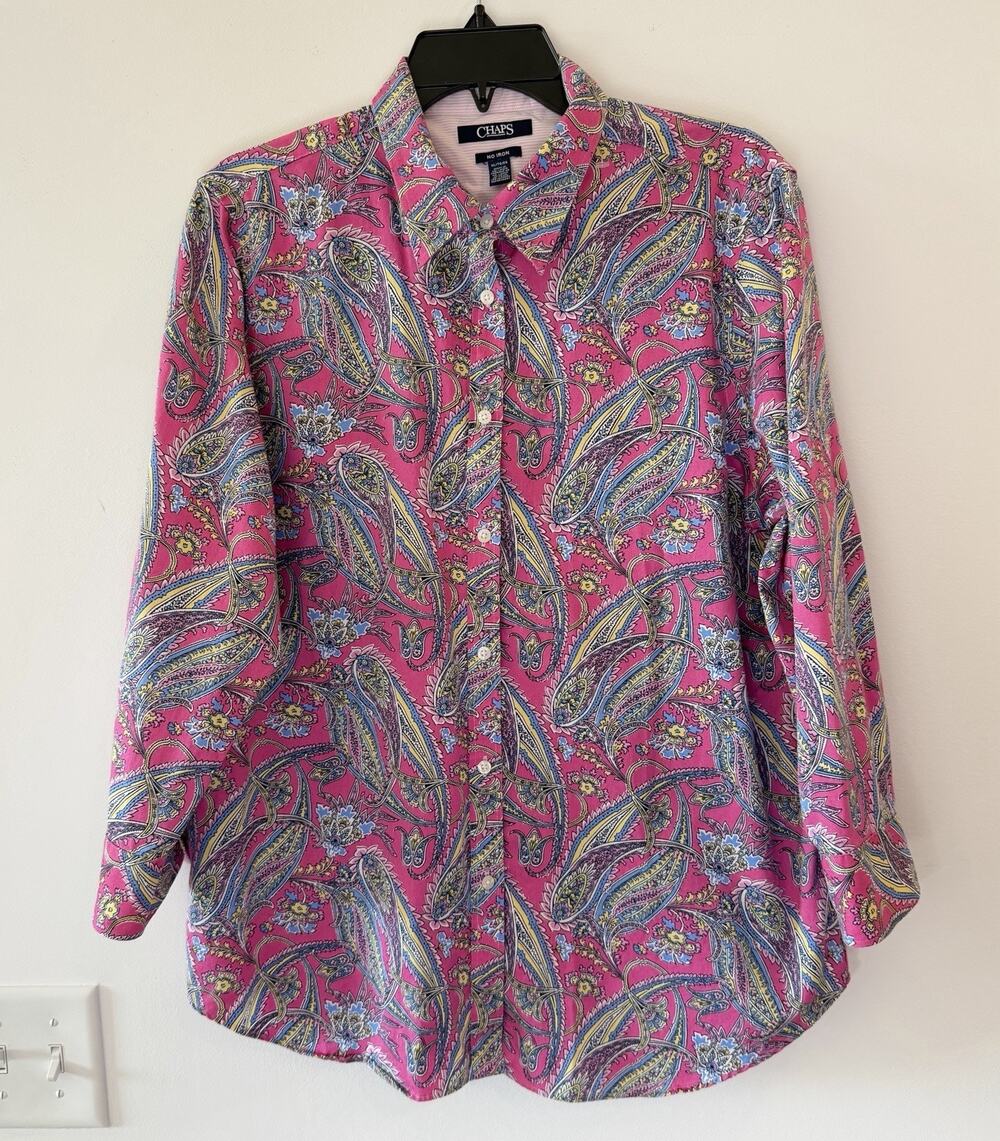Chaps Ralph Lauren Pink Paisley Button Up Top No Iron Size XL